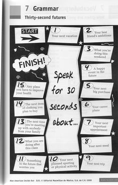 a poster with words and pictures on it that say, finish speak for 30 seconds about