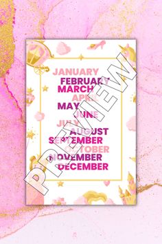 a pink and gold poster with the words january, februak march are on it