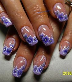 Flower Nail Art Designs, Purple Nail Art Designs, Purple Glitter Nails, Purple Nail Art, Art Deco Nails, Elegant Nail Art, Spring Acrylic Nails