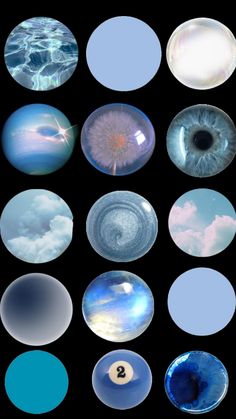 an array of different types of blue and white circles with clouds in the sky behind them