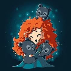 a woman with red hair holding two bears in her arms and looking at the sky