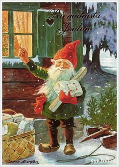 an old fashioned christmas card with a santa clause holding a bag and pointing to the window