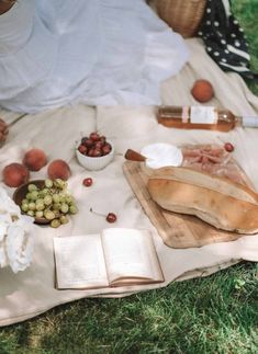 an open book and some food on a blanket in the grass with other items around it