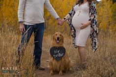 a pregnant woman holding the hand of her husband's dog while they hold hands