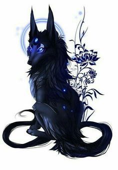 a black cat with blue eyes sitting in front of a moon and flower design on it's body