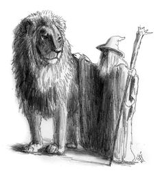 a drawing of a wizard and a lion