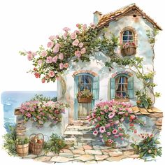 a watercolor painting of a house with flowers on the windowsill and steps leading up to it