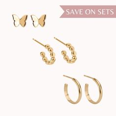 Save 10% when you bundle these three perfect pairs! 💕 This set includes: 1 Pair of the Butterfly Studs 1 Pair of the Tiny Cora Hoops 1 Pair of the Small Elle Hoops DETAILS * Available in 14k Yellow Gold Filled, 14k Rose Gold Filled, or Sterling Silver. * The Butterfly Studs measures 8mm across. * The Tiny Cora Hoops measure approximately 3/8" across. * The Small Elle Hoops measure approximately 5/8" across. Handcrafted to order in our Salt Lake City studio ✨ Rose Gold Jewelry Set, Pearl Cuff Bracelet, Pearl Cuff, Ear Stack, Summer Earring, Earrings Minimalist, Pearl Pendant Necklace, Pearl Charms, Rose Gold Jewelry