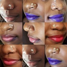 multiple images of different types of nose piercings on women's lips and noses