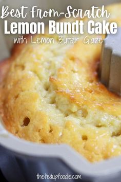 mom's lemon butter bundt cake in a pan with the bundt cake inside