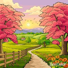 a painting of a country road with trees and flowers