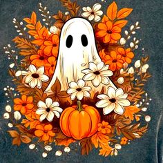 a ghost surrounded by flowers and pumpkins