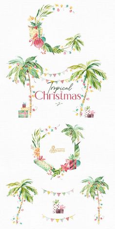 watercolor christmas graphics with palm trees and presents