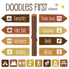 wooden signs pointing in different directions with the words doodles first clipart on them