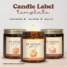 three jars of pumpkin spice on a table with the label for candle label templates