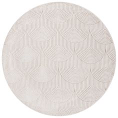 a round rug with white circles on the top and bottom, in an oval pattern