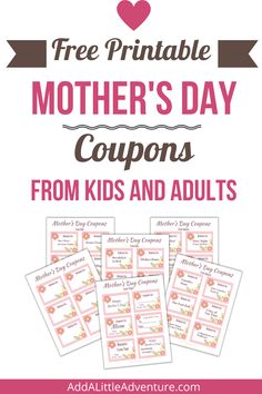 Free Printable Mother's Day Coupons from Kids & Adults Coupons For Mom, Mothers Day Coupons Ideas, Mothers Day Coupons Printables Free, Mother’s Day Coupon Book Diy, Mothers Day Coupon Book, Mothers Day Cards Printable, Free Father’s Day Coupon Book