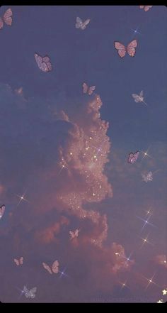 there are many pink butterflies flying in the sky above some clouds and stars that look like they have been made out of glitter