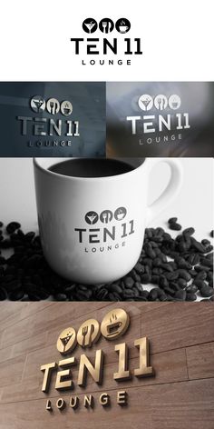 coffee shop logo mockup on wood grains with the words'cafe ten 11 lounge'in gold and black