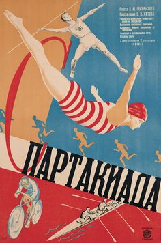 an advertisement for the olympic games with two women in mid air and one man on a bicycle