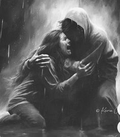 a drawing of two people hugging in the rain