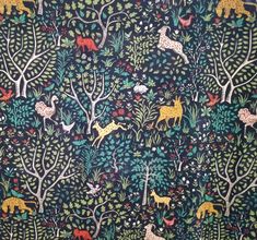 an animal themed wallpaper with trees and animals in the forest on black background, for children's room or playroom