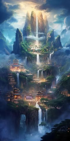 a fantasy landscape with waterfalls and mountains