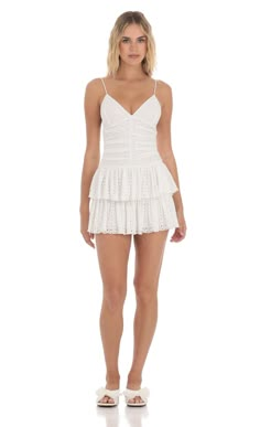 Ruched Ruffle Eyelet Dress in White | LUCY IN THE SKY Eyelet Mini Dress, White Sleeveless Eyelet Mini Dress, Fitted Sleeveless Eyelet Mini Dress, White Eyelet Fitted Mini Dress, Fancy Stuff, School Dance Dresses, Gameday Dress, White Eyelet Dress, Eyelet Fabric