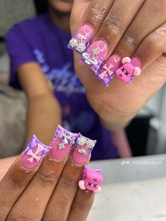 Purple And Pink Nails Ideas, Purple Junk Nails, Short Nails Ideas Purple, Nail Piercing, Hello Nails, Acrylic Nail Set