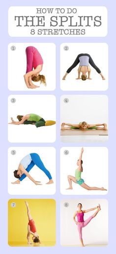 a woman doing yoga poses with the words how to do the splits and stretchess