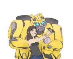 a drawing of a woman holding a camera in front of a giant yellow bum character