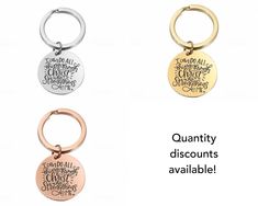 three different types of key chains with the words, quantity and price on each one