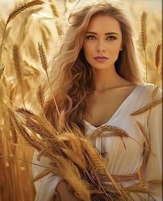 a woman standing in a wheat field with long hair