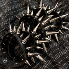 "Single or Paired bracelets with 15 spikes total (8 .5\" in, 7 1\"in). Faux/ vegan leather. 2 Adjustable clasps. Instagram; KillMothShop Refund/Return policy. Refund only available if item is lost in the mail proven by tracking. If you do not like the product you may return it and get a refund AFTER item has been delivered back. You will not receive a refund on any shipping costs. Please acknowledge and understand this before buying." Punk Bracelets Leather Cuffs, Spiked Jewelry, Circle Glasses, Spike Bracelet, Emo Fashion, Mall Goth, Alternative Outfits