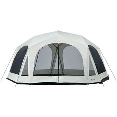 a tent that is white and grey with black accents on the front, side view