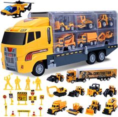 a toy truck with construction vehicles in the back and on the front, including an assortment of figures