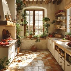 a kitchen filled with lots of pots and pans next to a window covered in potted plants