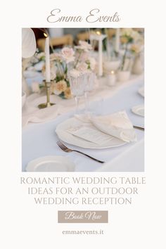 a table set with white plates and silverware