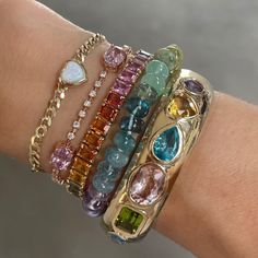 Classic Rainbow Semiprecious Beaded Bracelet – Milestones by Ashleigh Bergman Gold And Gemstone Jewelry, Old Lady Jewelry, Artsy Jewelry Aesthetic, Unique Gemstone Jewelry, Unique Pieces Clothing, Chunky Colorful Jewelry, Gem Bracelets Stones, Cool Girl Jewelry, Beaded Bracelets Stack