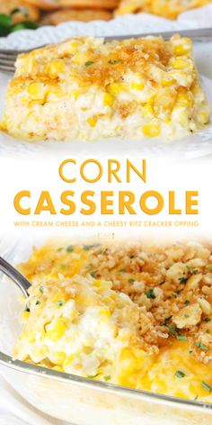 corn casserole with cream cheese and a cheesy bits cracker topping