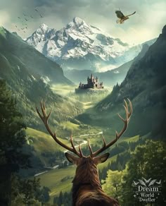 a deer looking at a castle in the mountains