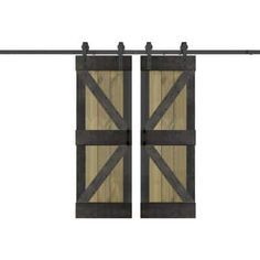 an open sliding door with wooden planks and metal bars on the outside, isolated against a white background