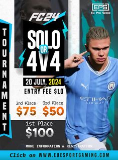 an advertisement for a soccer tournament featuring a young man