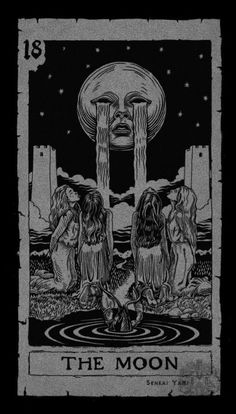 the moon tarot card with three women sitting in front of it, surrounded by water