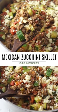 mexican zucchini skillet is loaded with meat, vegetables and feta cheese