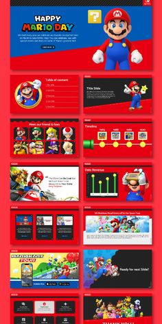 the mario bros website is shown in red and blue, as well as other screens