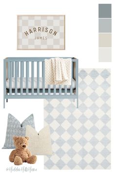 Cute blue and white retro baby boys nursery decor Blue Baby Boy Nursery, Decor Mood Board, Toddler And Baby Room, Brown Nursery, Boys Room Blue, Retro Nursery