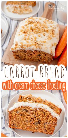 carrot bread with cream cheese frosting is on a plate and next to some carrots