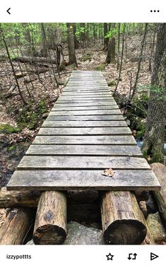 a wooden bridge in the middle of a forest with logs laying on it's sides