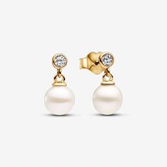 Add a classy touch to your outfit with these Treated Freshwater Cultured Pearl & Stone Drop Earrings. Plated with 14k gold, the top part features a cubic zirconia stone, while a treated freshwater cultured pearl dangles below, connected by jump rings for subtle movement. Secured with heart-shaped butterfly backs, these pearl drop earrings are a classic addition to the Pandora Timeless collection, blending materials and dimensions seamlessly. Please note each treated freshwater cultured pearl is Pandora Pearl, Pearl Jewelry Gift, Pandora Earrings, Pandora Gold, Stone Drop Earrings, Bridal Earrings Drop, Bracelet Pandora, Wedding Earrings Drop, Pearl Stone